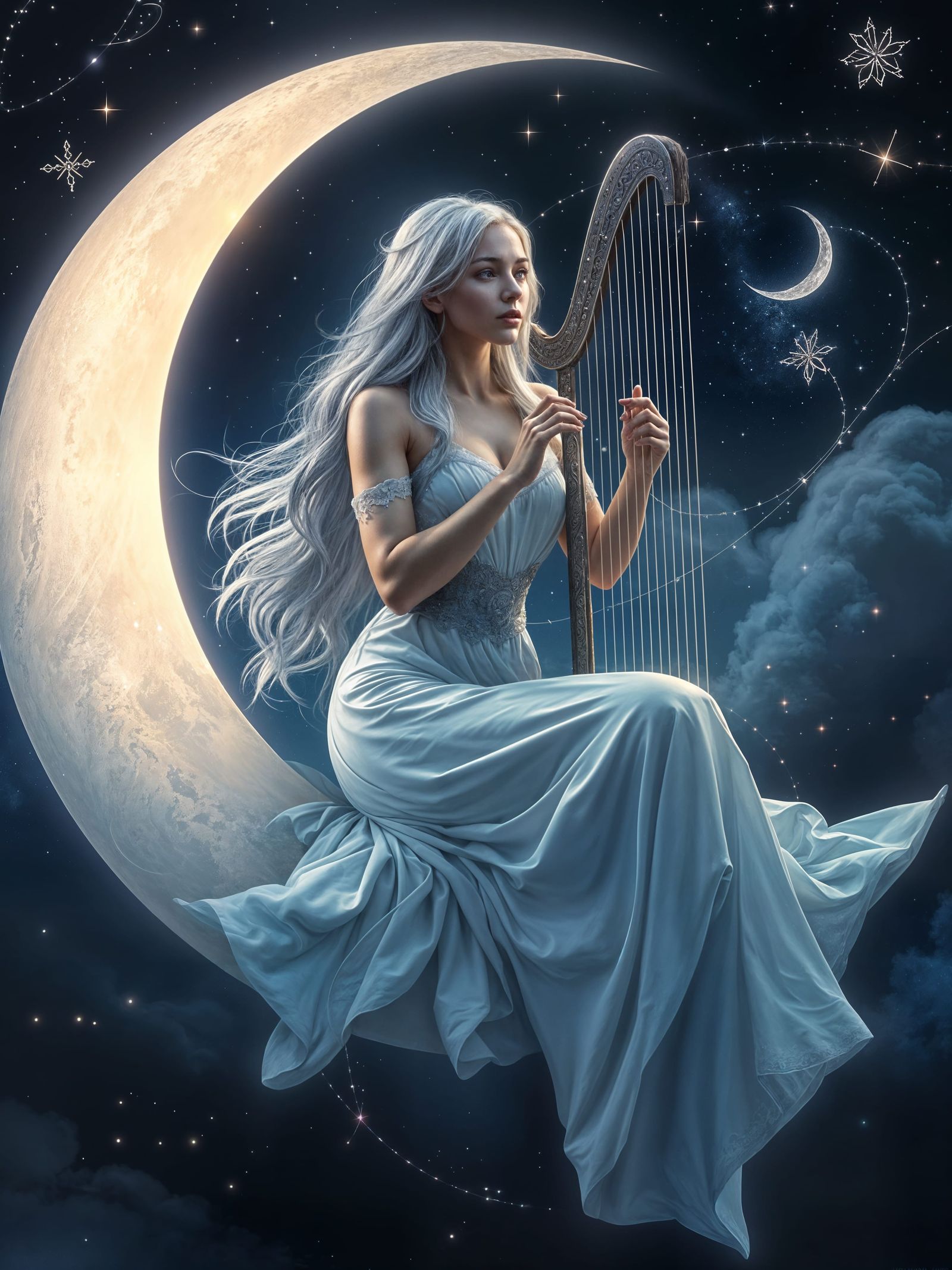 Serenely Playing on the Crescent Moon in Ethereal Digital Pa...