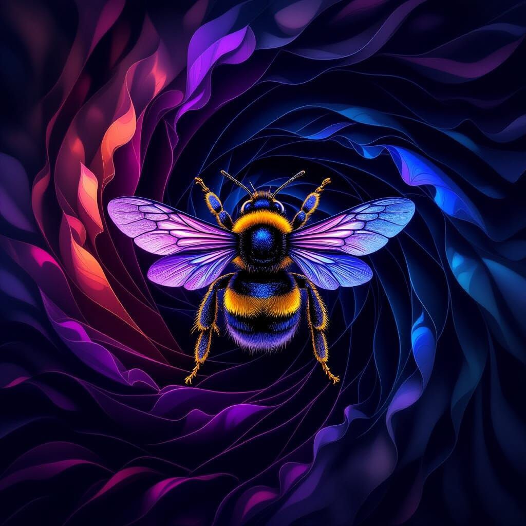Surreal Bumblebee Amidst Amethyst and Indigo Swirls