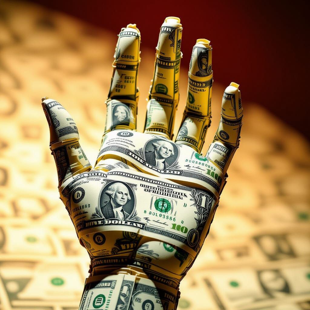 Surreal Sculpture of a Hand Made of Money