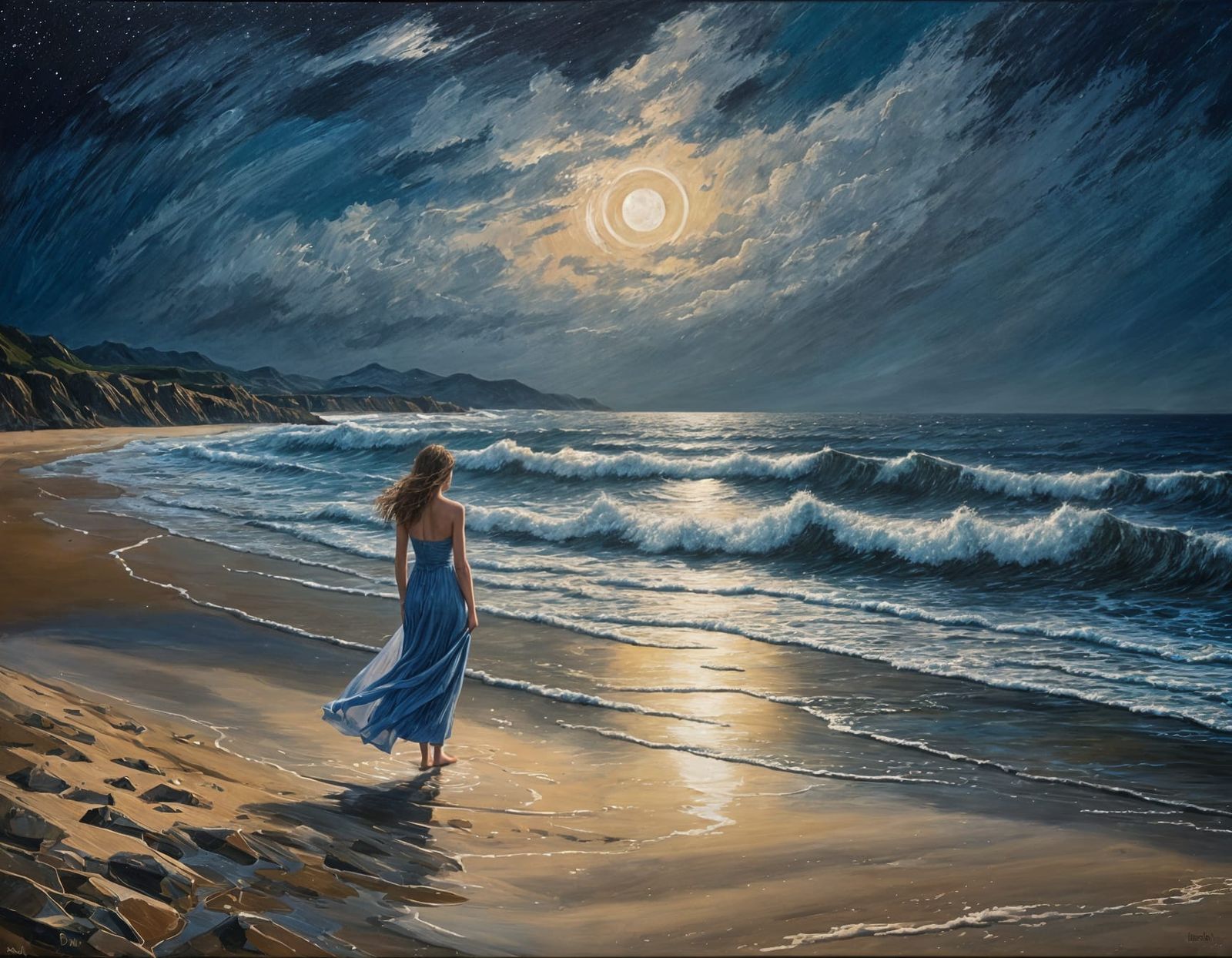 Moonlit Beach Scene as Impasto Oil Painting