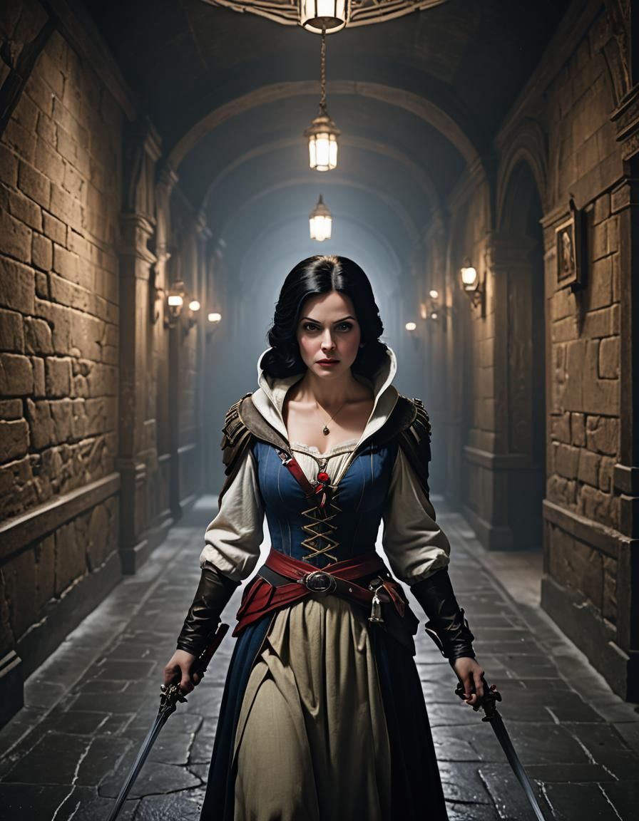 Snow White as Assassin in Dark Corridor