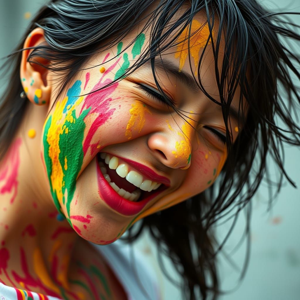 Laughing Girl Covered in Vibrant Paint Splashes
