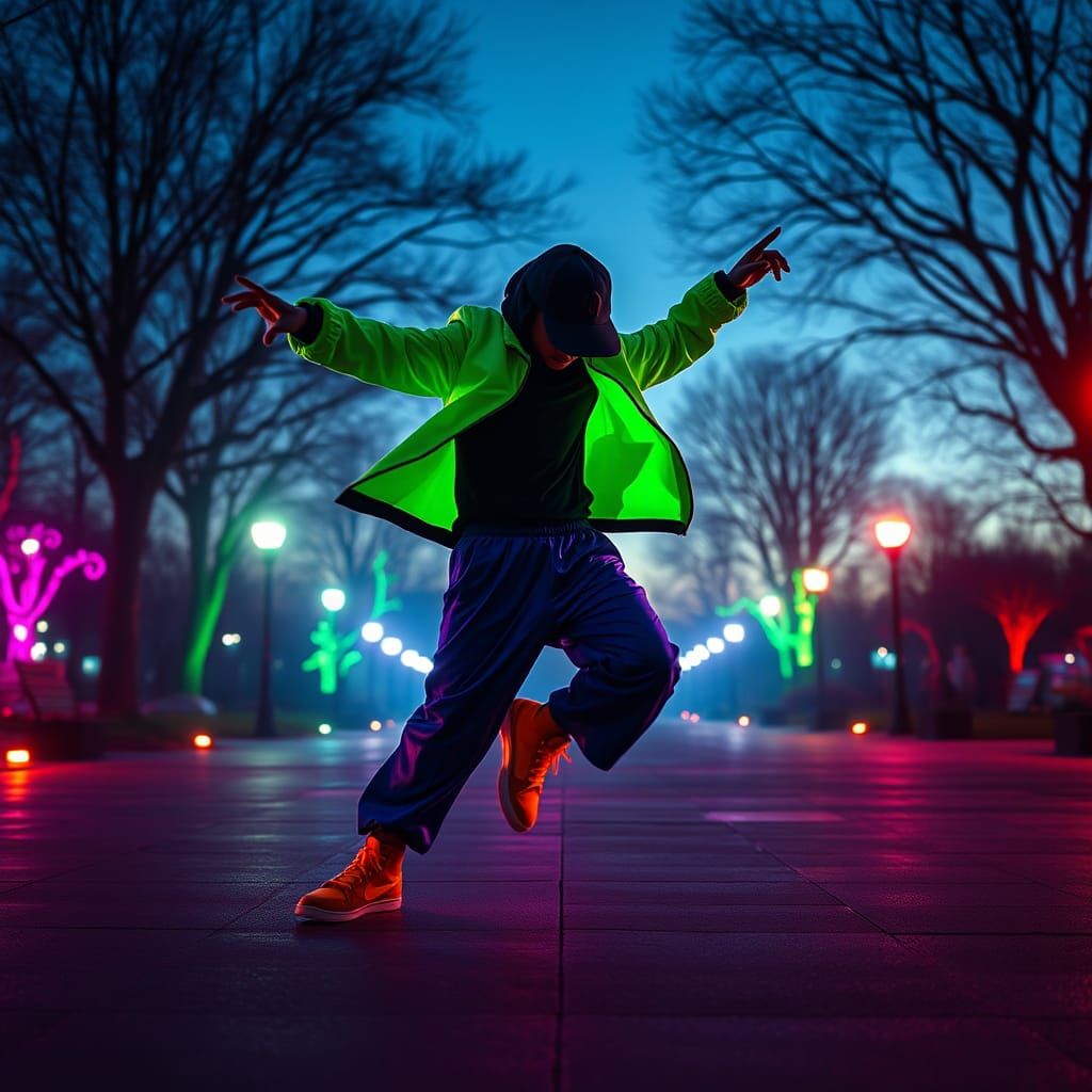 Neon Breakdancer in Fantasy Landscape