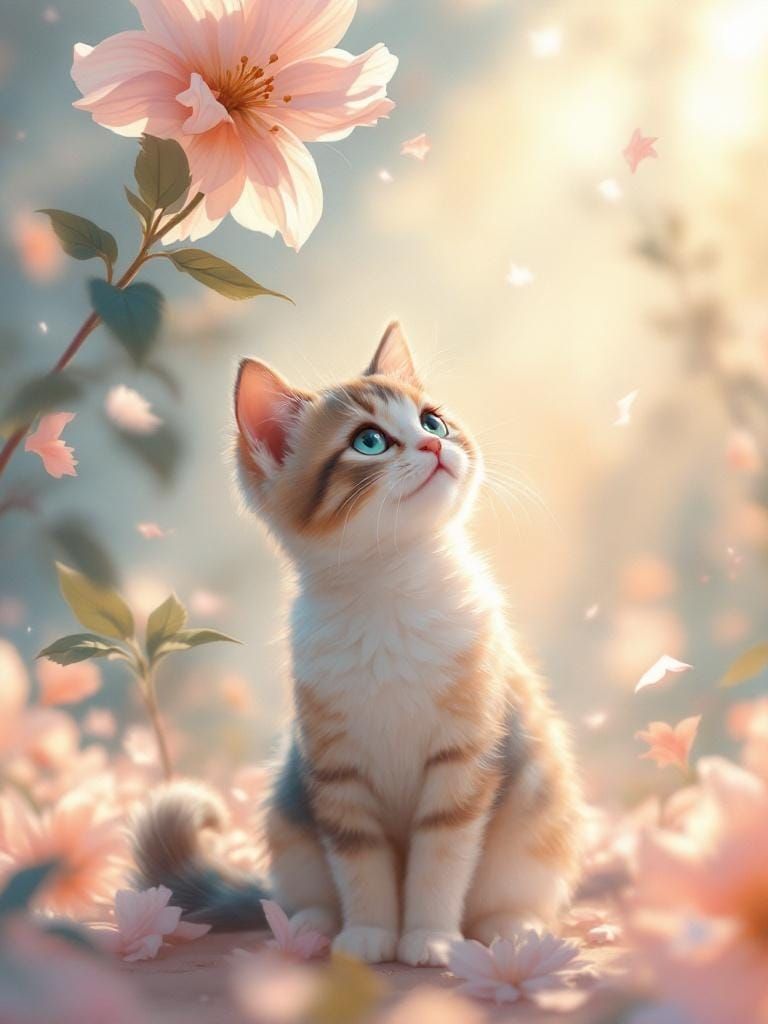 Cat Under Flower in Anime Style