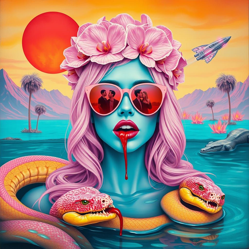 Surreal Woman with Orchid Crown in Melting Landscape