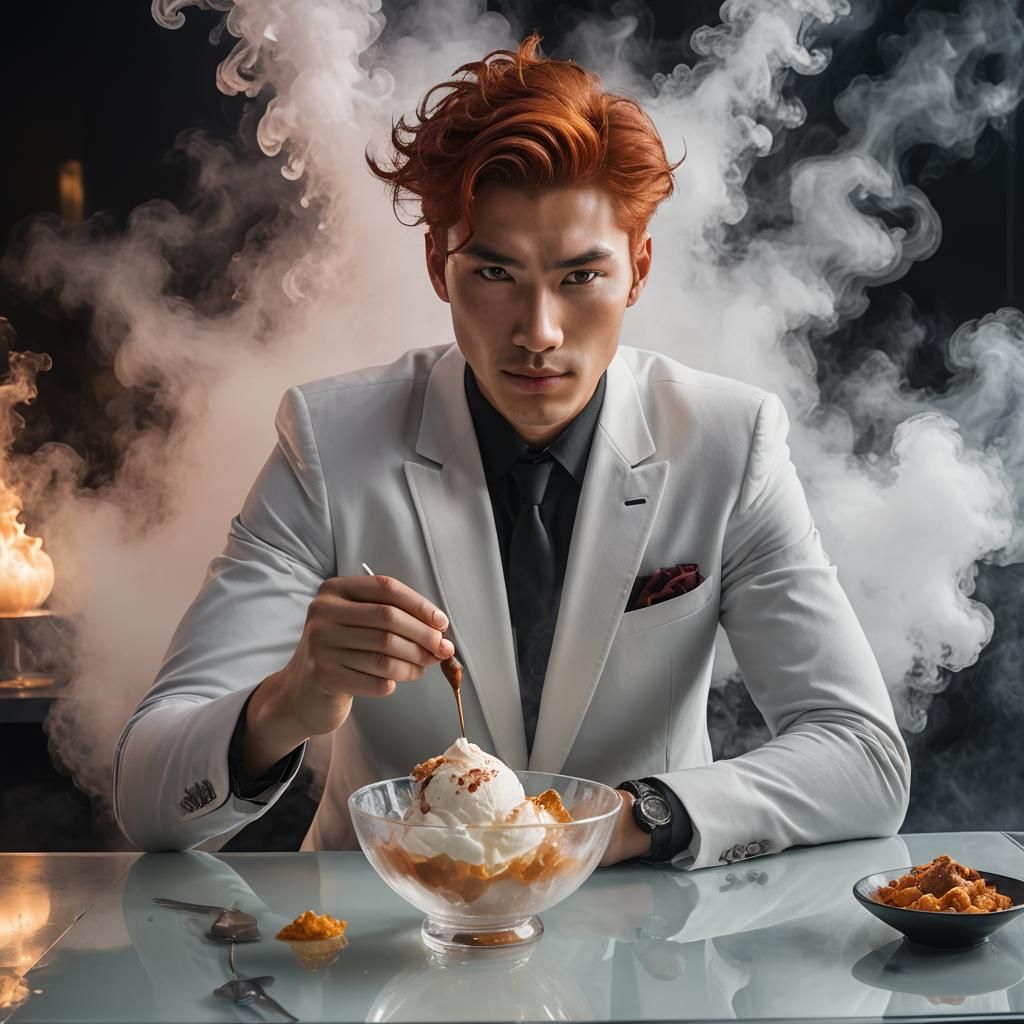 Cyberpunk Fusion: Handsome Man Enjoys Futuristic Dessert