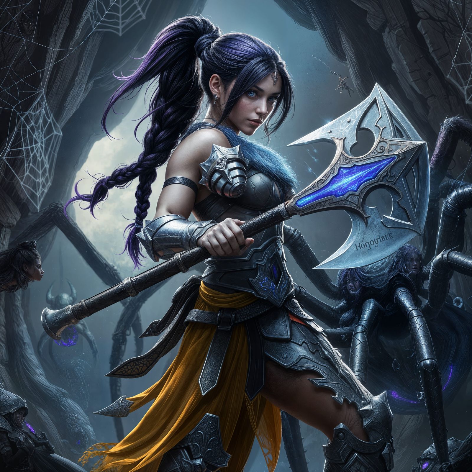 Muscular Barbarian Woman Cleaves Giant Spider in Dark Fantas...