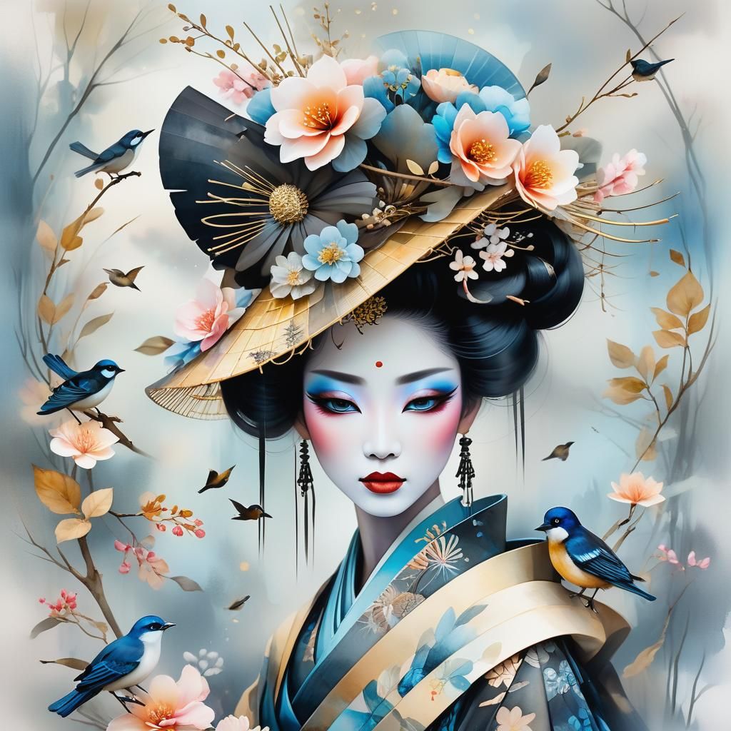 Ethereal Geisha Queen in Dreamy Watercolor Style