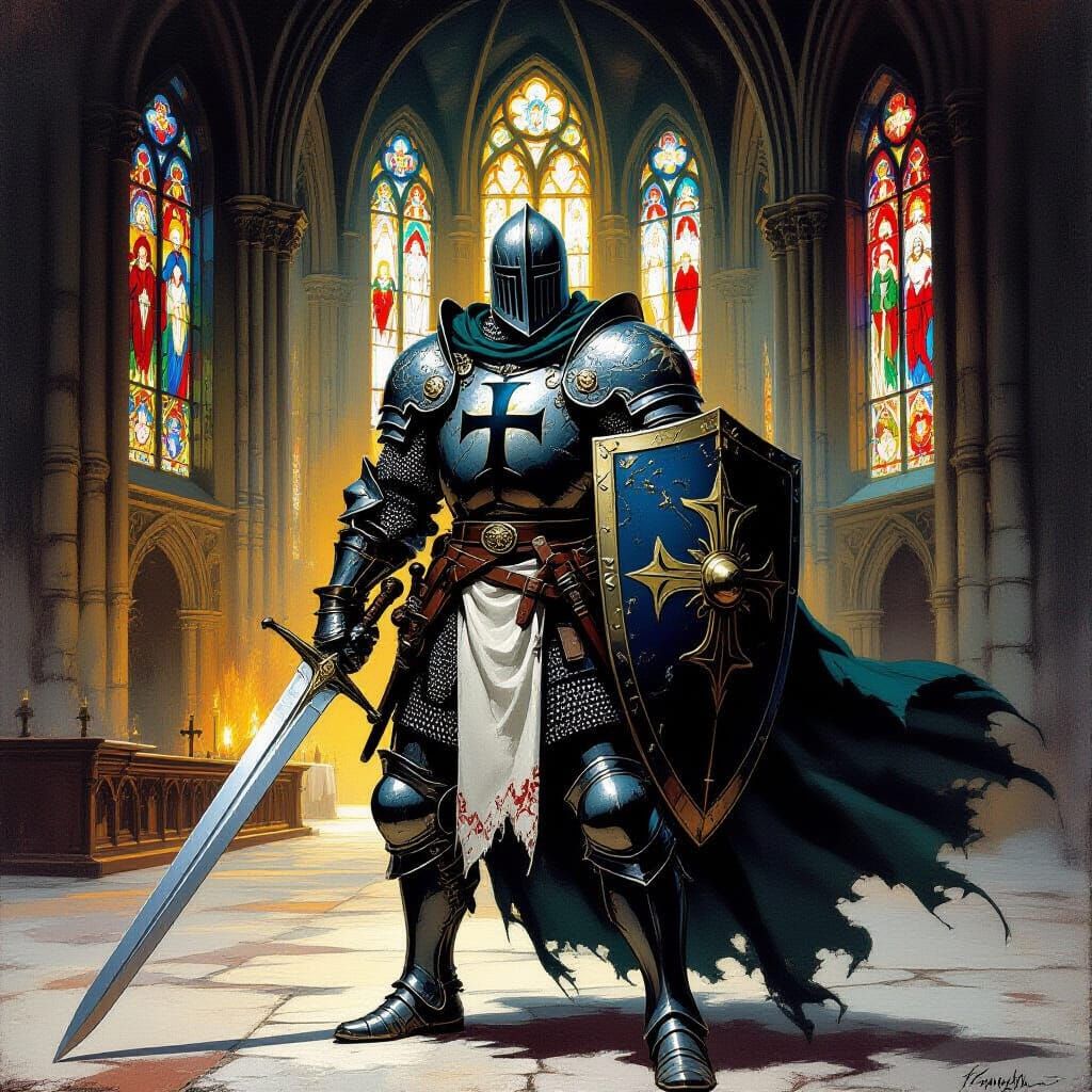 Knight Templar in Cathedral: Fantasy Art Style