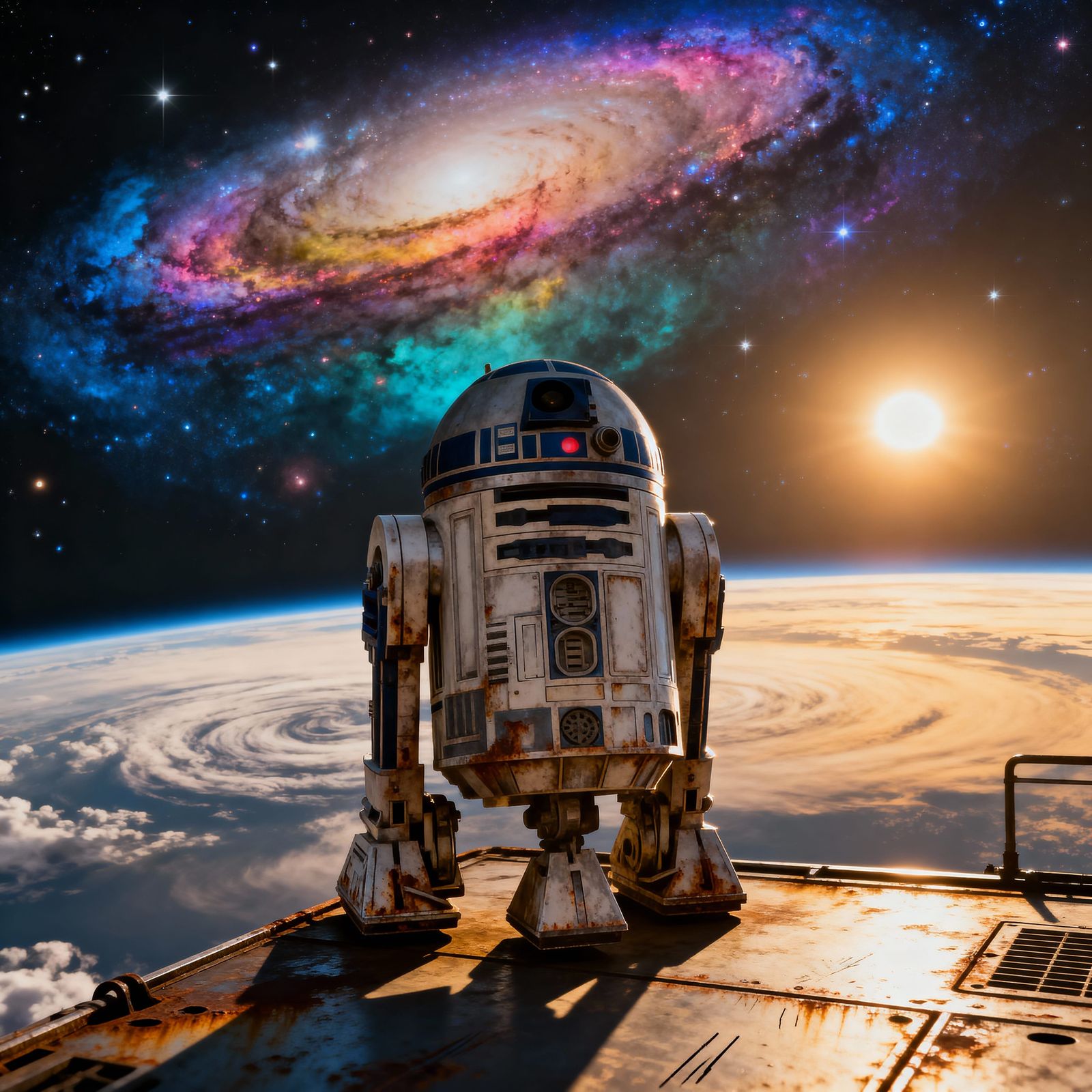 R2-D2 Overlooks Planet With Swirling Galaxy