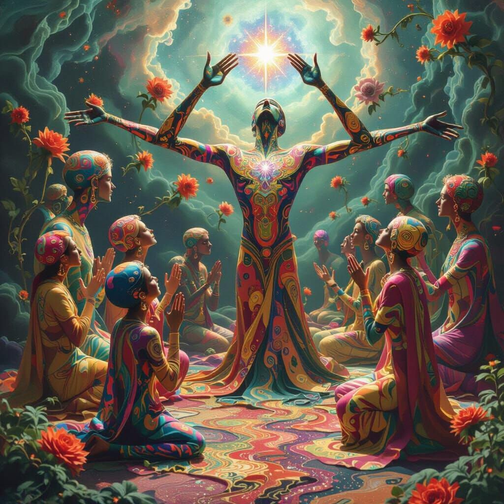 Surreal Figures Praying to Binary Stars in Astral Sky