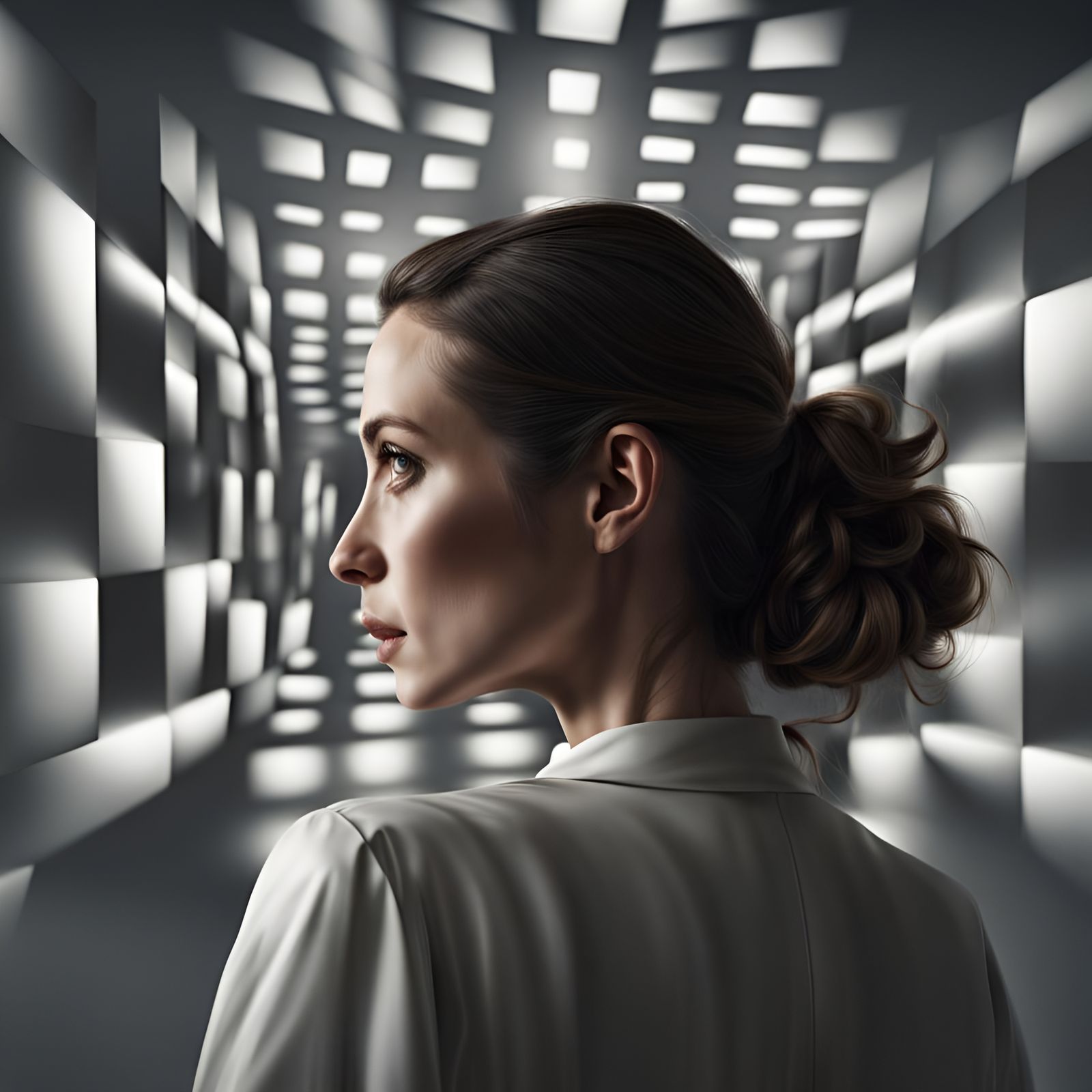 Woman Mesmerized by Illusion in Hyperrealistic Style
