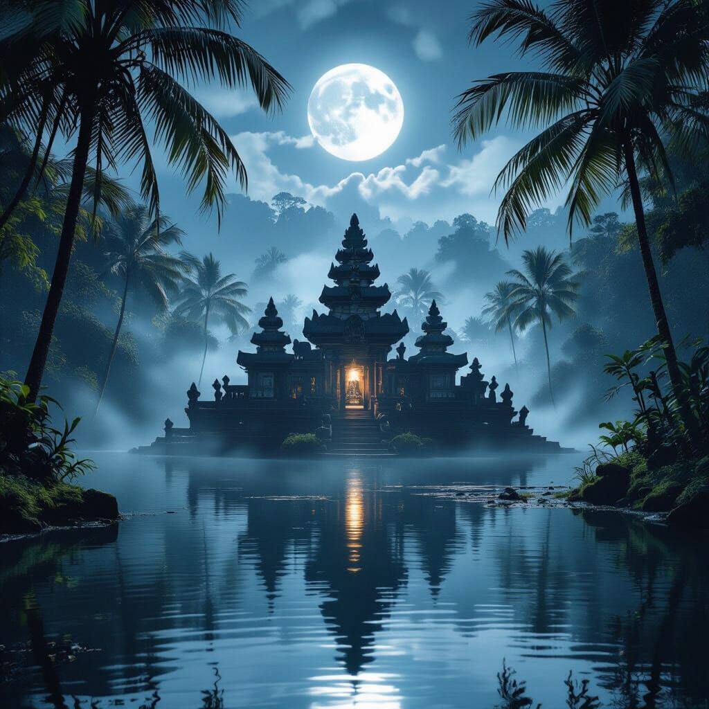 Mystical Moonlit Bali Temple Amidst Serene Jungle Lake