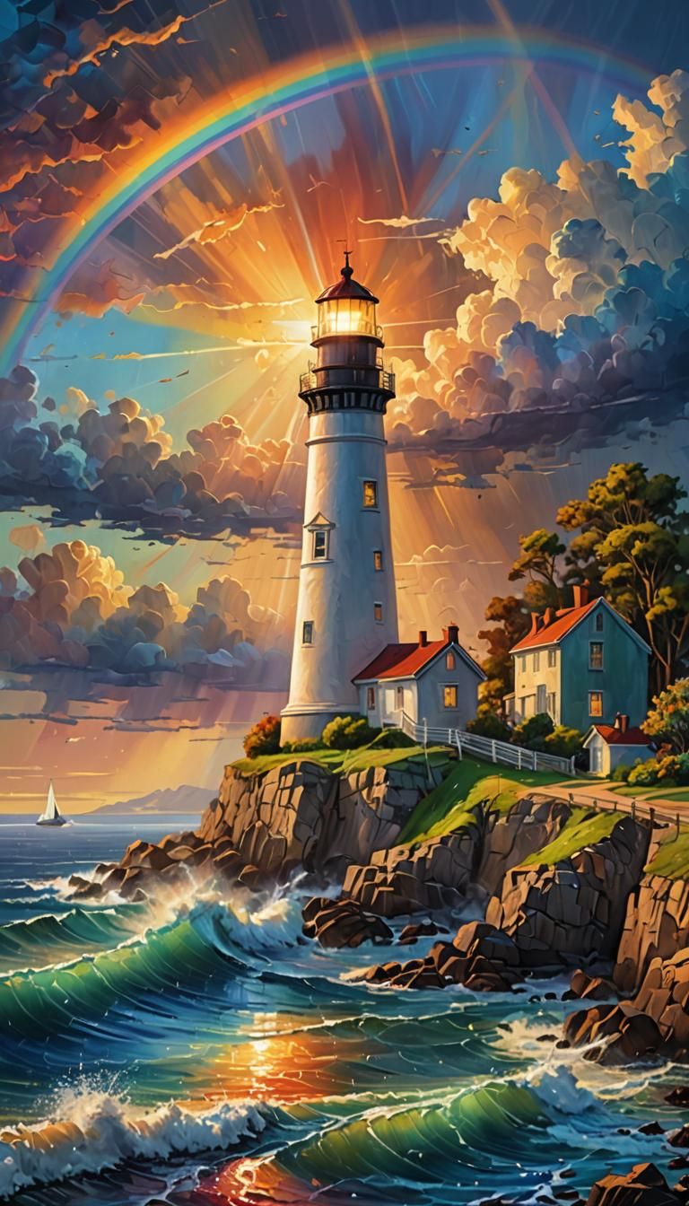 Lighthouse with Rainbow Sunset: Impressionist Masterpiece