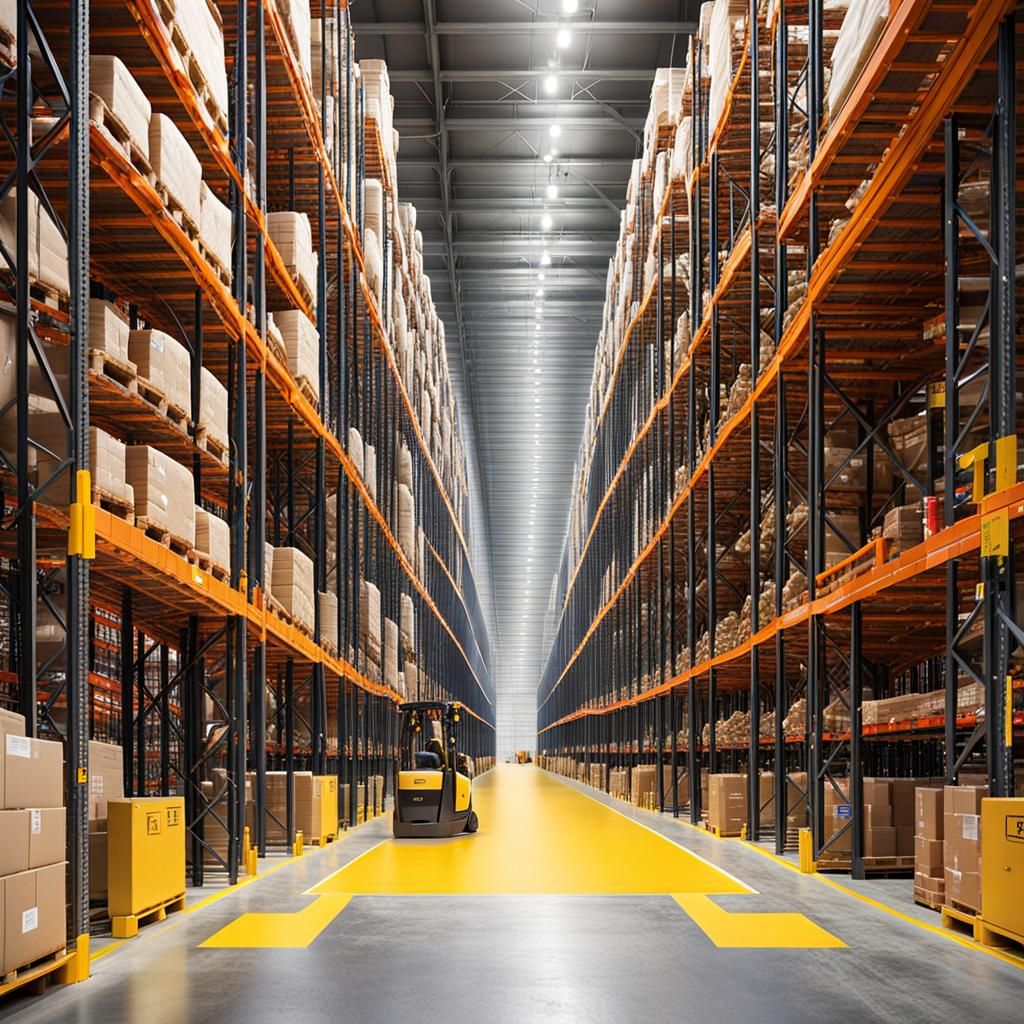 Dynamic Warehouse Interior with Pallet Racking and Forklifts