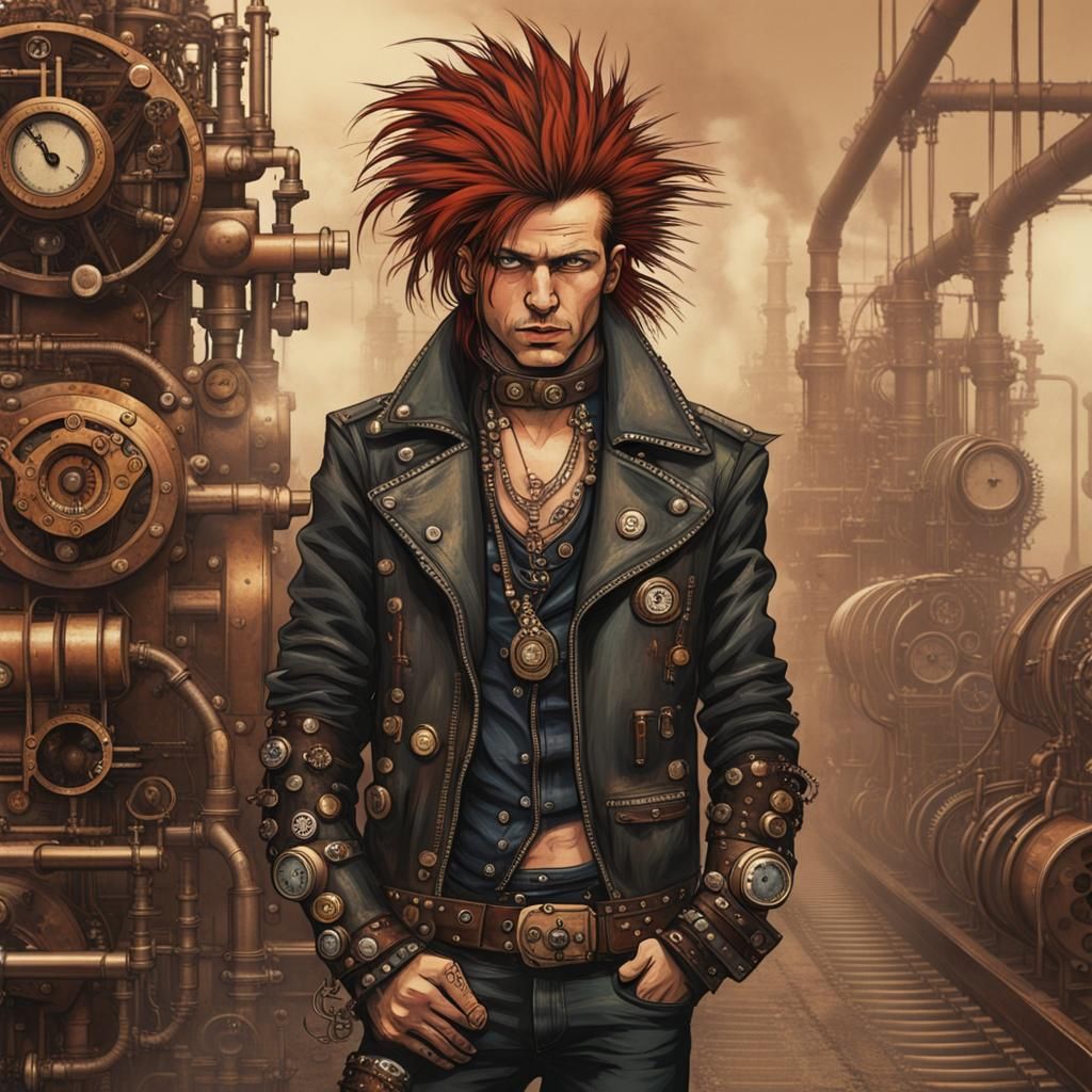 A 1970s punk rocker in a steampunk world.