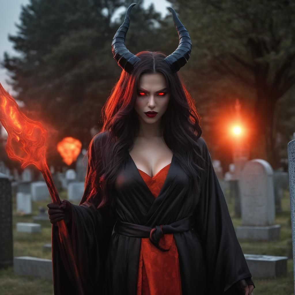 Cartoon Demon with Glowing Eyes in Cemetery