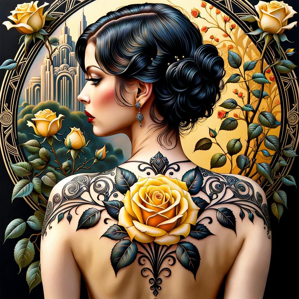 Art Deco Rose Tattoo on Beautiful Woman