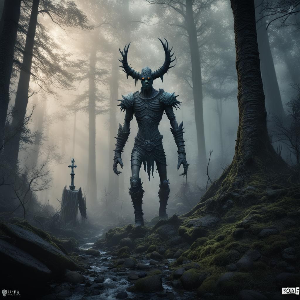 Draugr's March in Misty Forest: Dark Age Comic Style