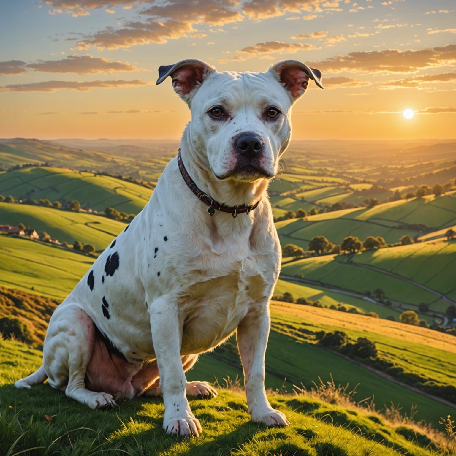 Majestic White Bull Arab Mix Dog in Golden Sunset Landscape