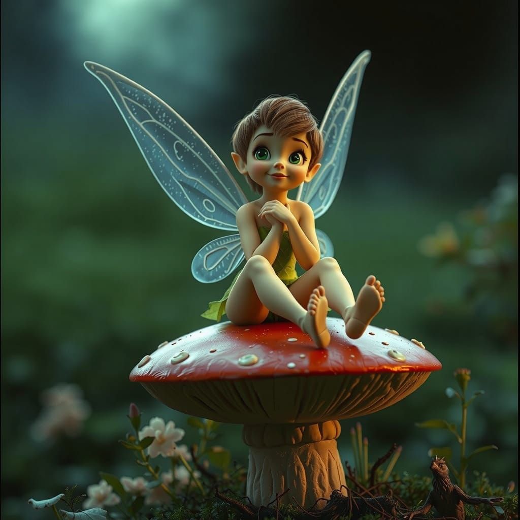 Tinkerbell on Mushroom in Lush Forest, Cinematic Still