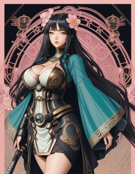 Glamorous Mecha Musume in Art Nouveau Style with Mosaic Text...