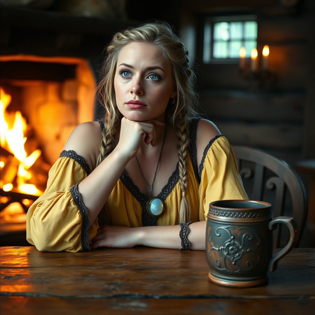 Norse Goddess of Love Contemplates in Cozy Tavern Setting