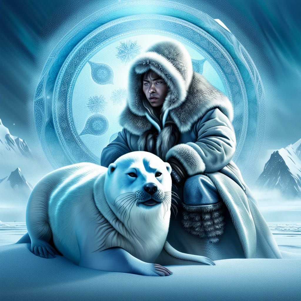Cinematic Inuit Eskimo with Seal in Blizzard