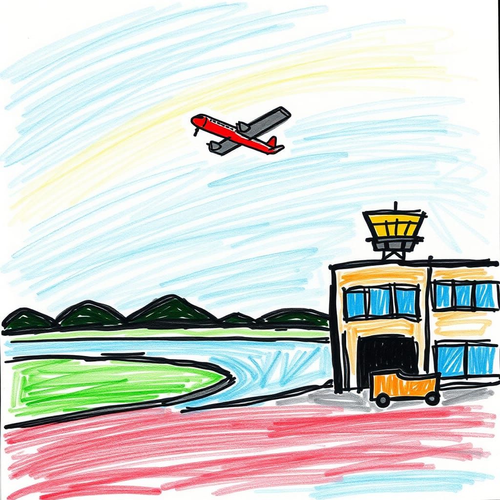 Childlike Crayon Drawing of Airplane Taking Off