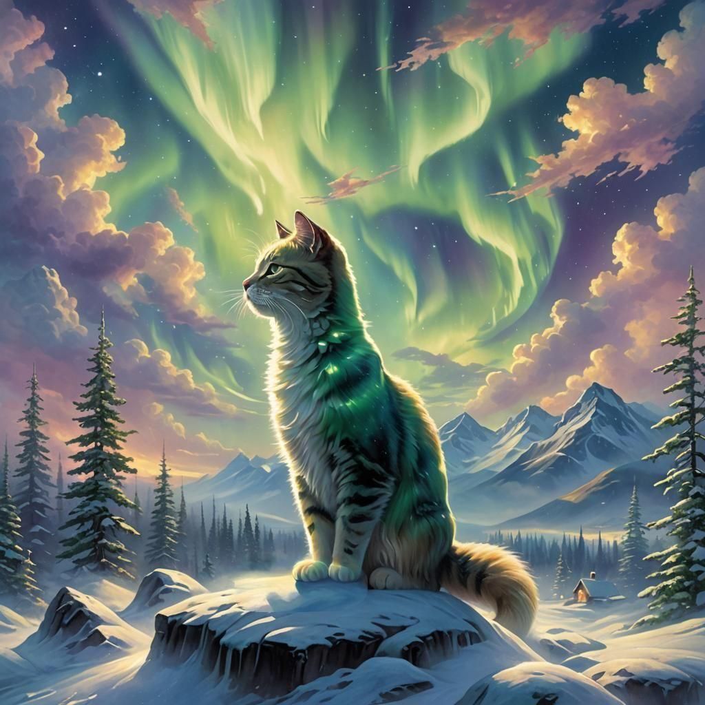 Northern Lights Cat in Ethereal Fantasy Style