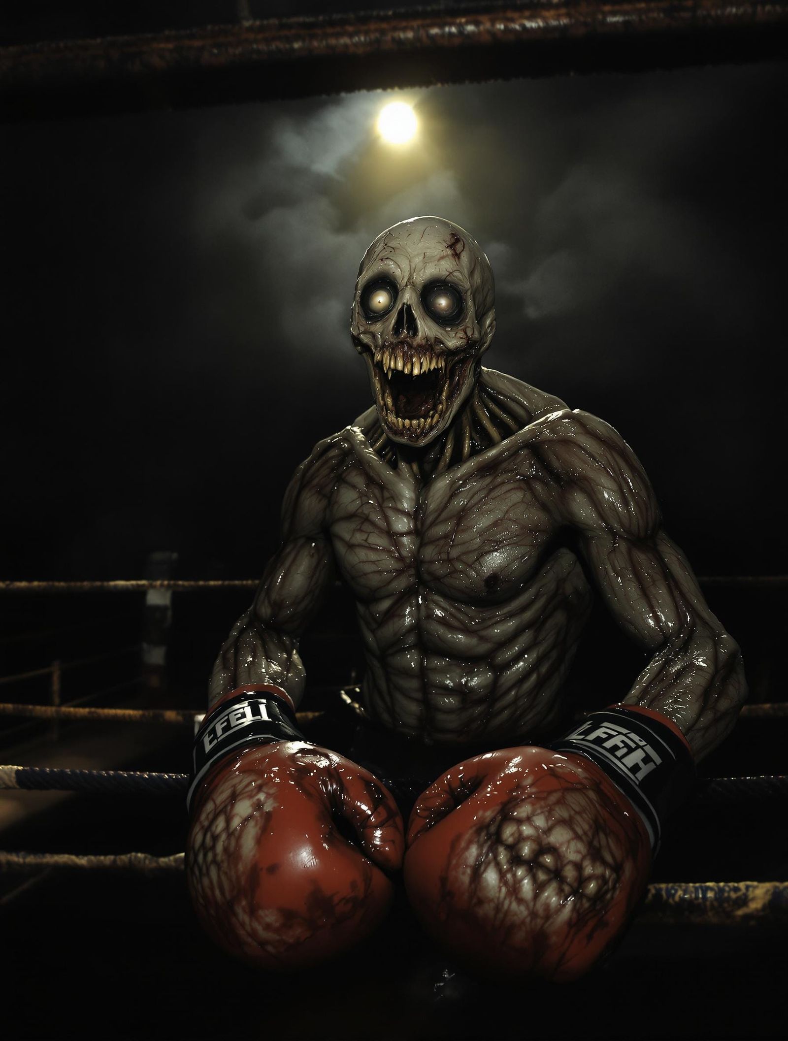 Hyperrealistic Zombie Boxer in Dimly Lit Ring