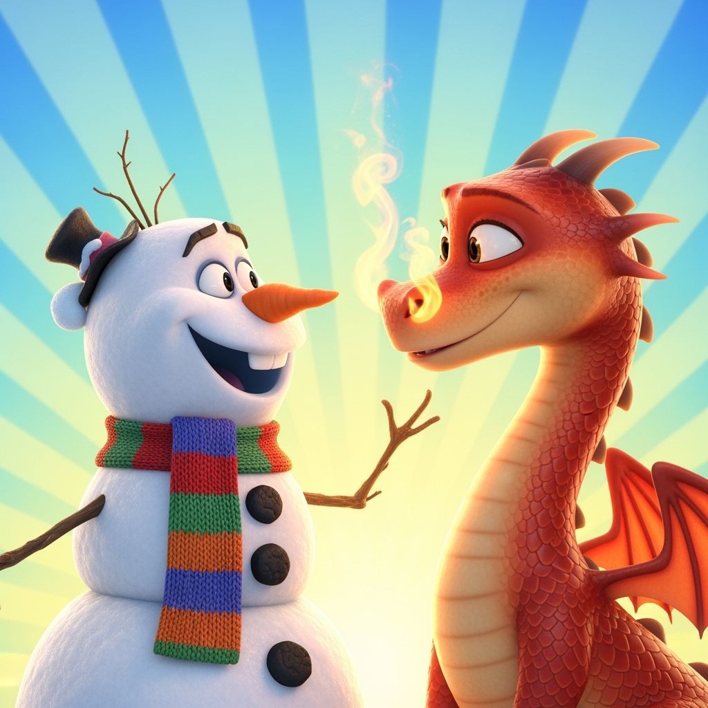 Snowman Befriends Fire-Breathing Dragon in Whimsical Art Sty...