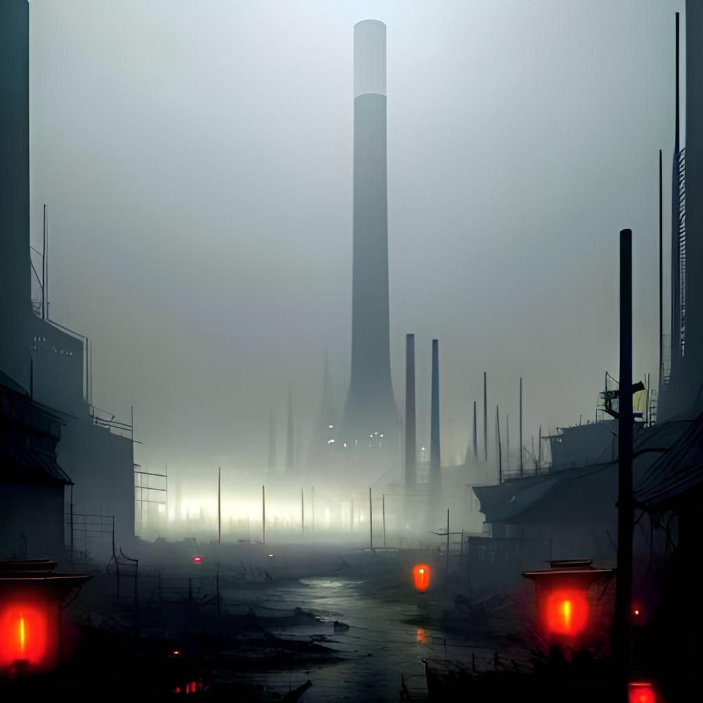 Dystopian Polluted City in Charcoal Black Style