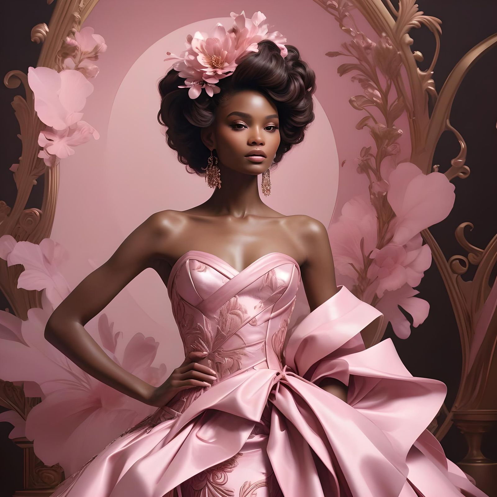 Glamorous black model completely in pink and brown haute couture.