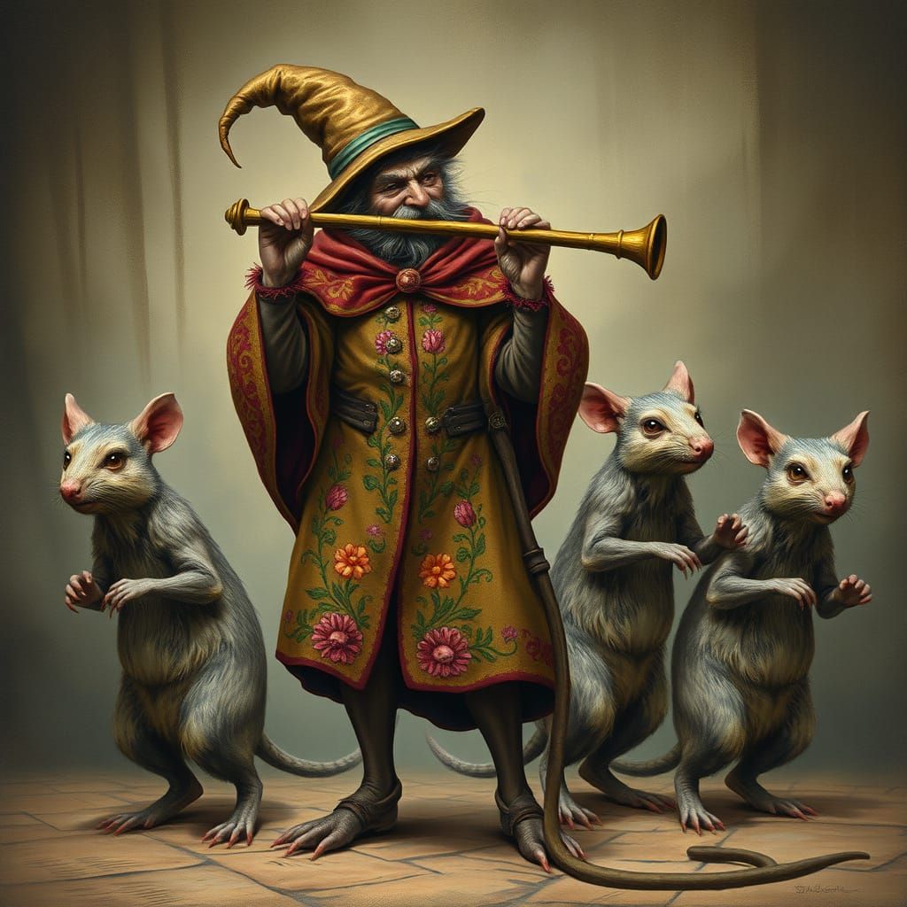 Pied Piper Leading Rat People, Fantasy Art
