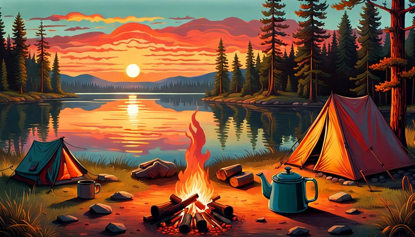 Sunrise Campfire Coffee Pot Landscape Illustration