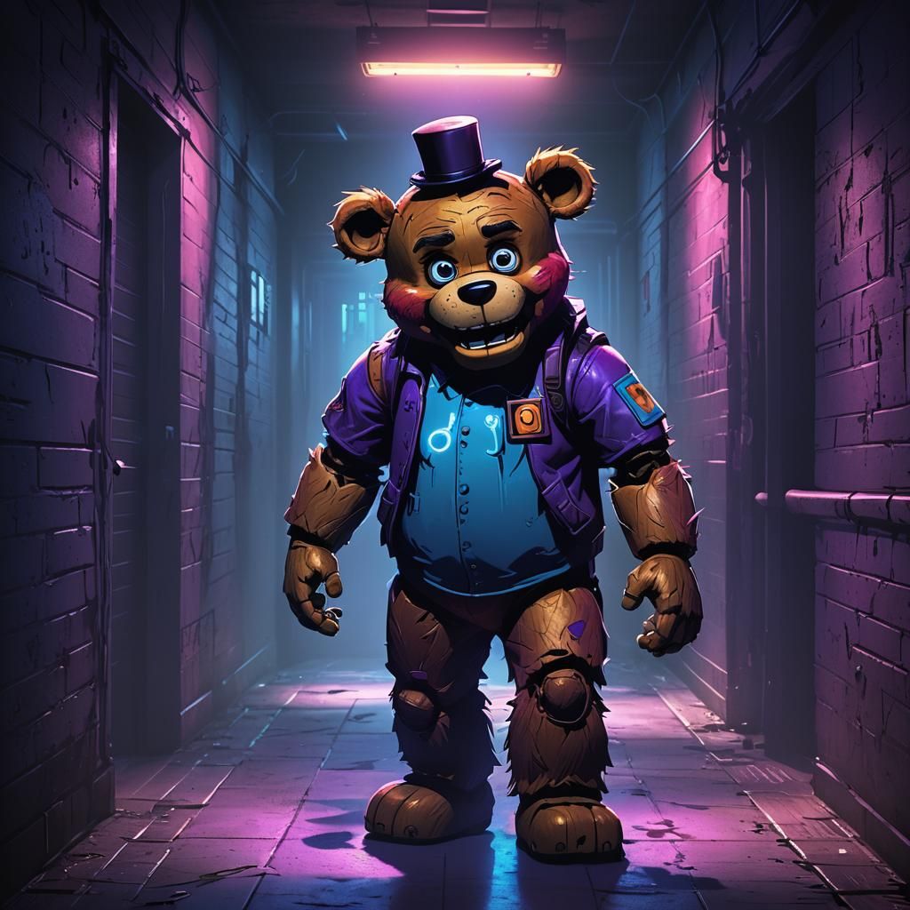 Eerie Freddy Fazbear in Electric Blue Lit Hallway