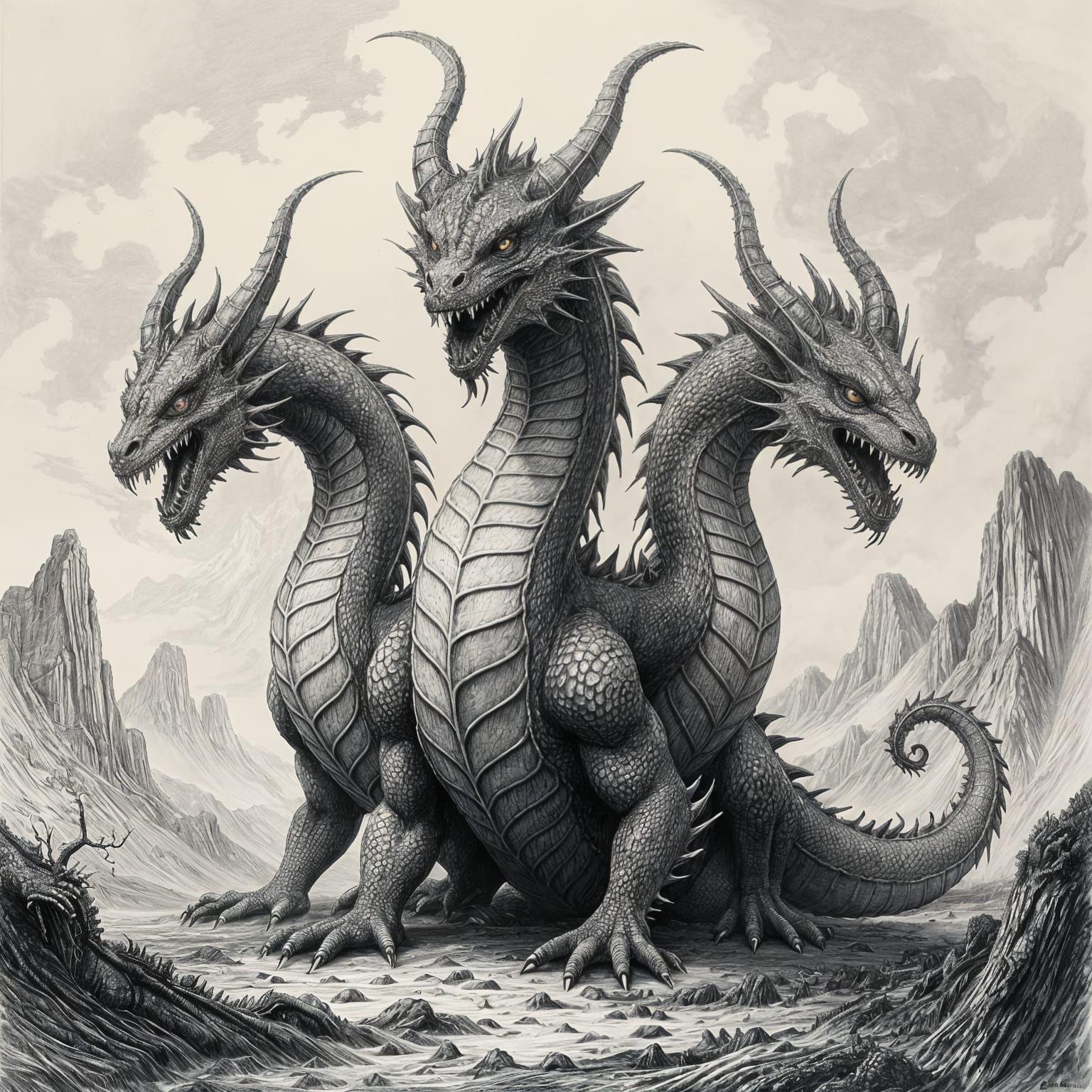 Terrifying Lovecraftian Dragon: Hyperdetailed Charcoal Illus...