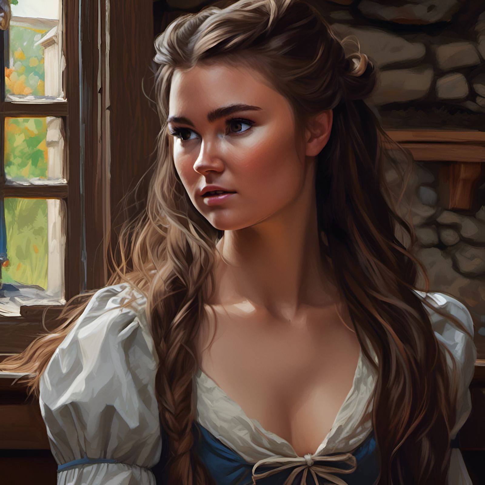 Pretty Young Woman in Cottage, Hyperdetailed Portrait