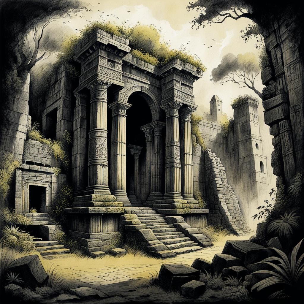 Mysterious Ruins in Charcoal Sketch Style