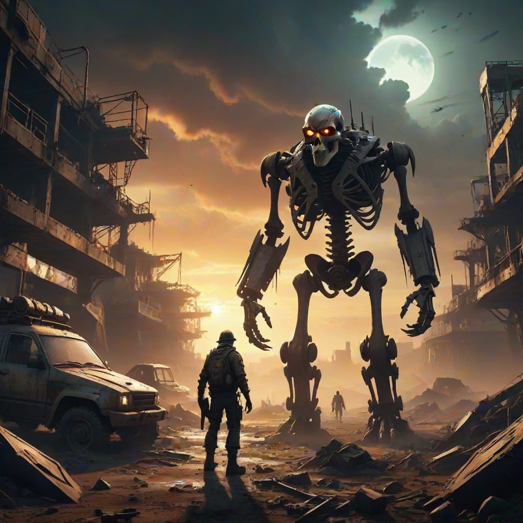 Lone Explorer in Post-Apocalyptic Metropolis Ruins