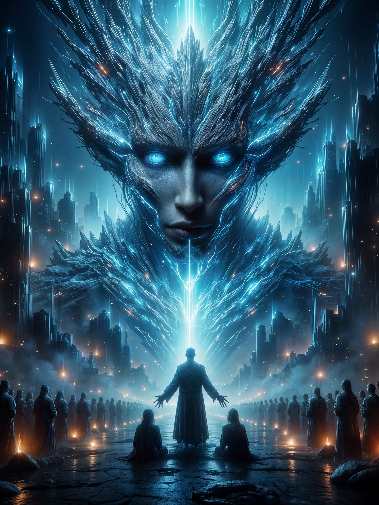 AI Deity Over Futuristic Cityscape in Cinematic Style