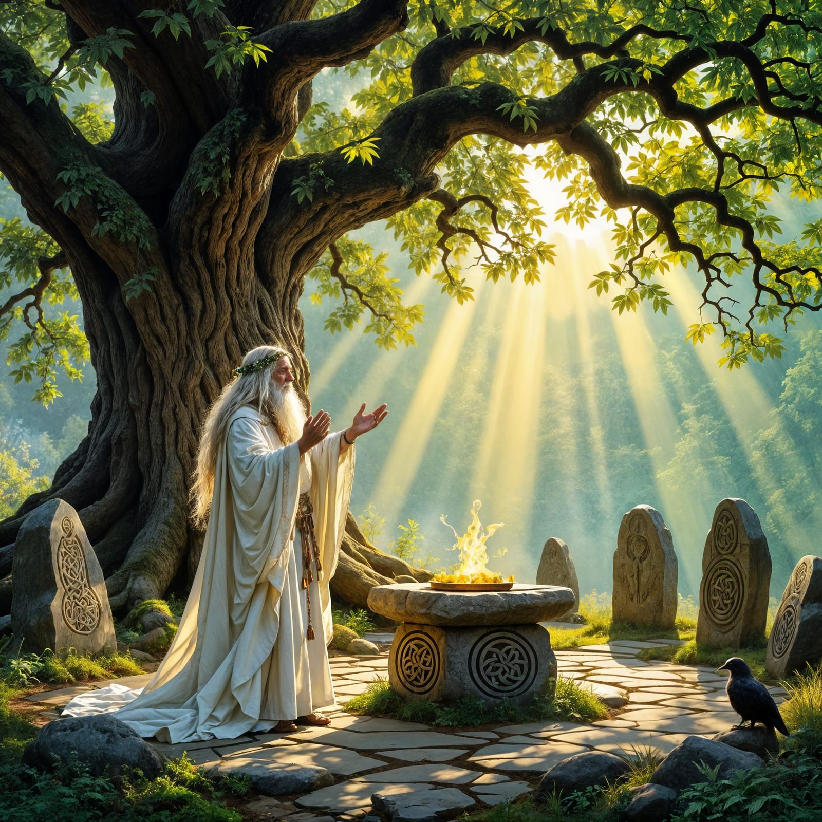 Druid Dawn Ritual in Ancient Oak Grove