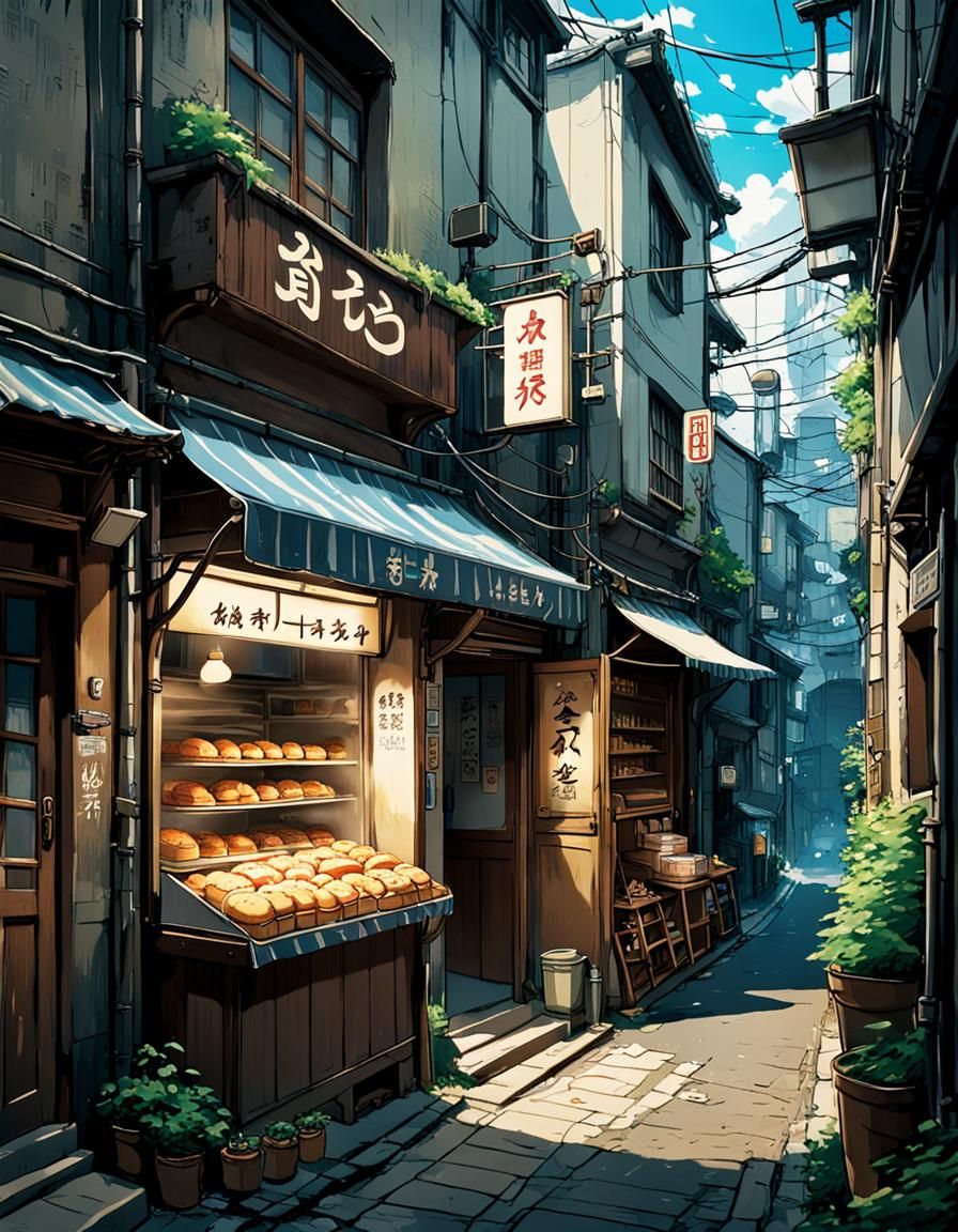 Bakery Alleyway in Anime Key Visual Style
