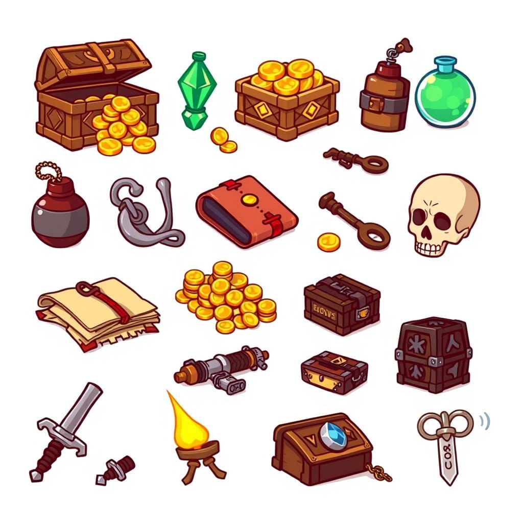 Vibrant Chibi Game Loot Collection in Whimsical 2D Style