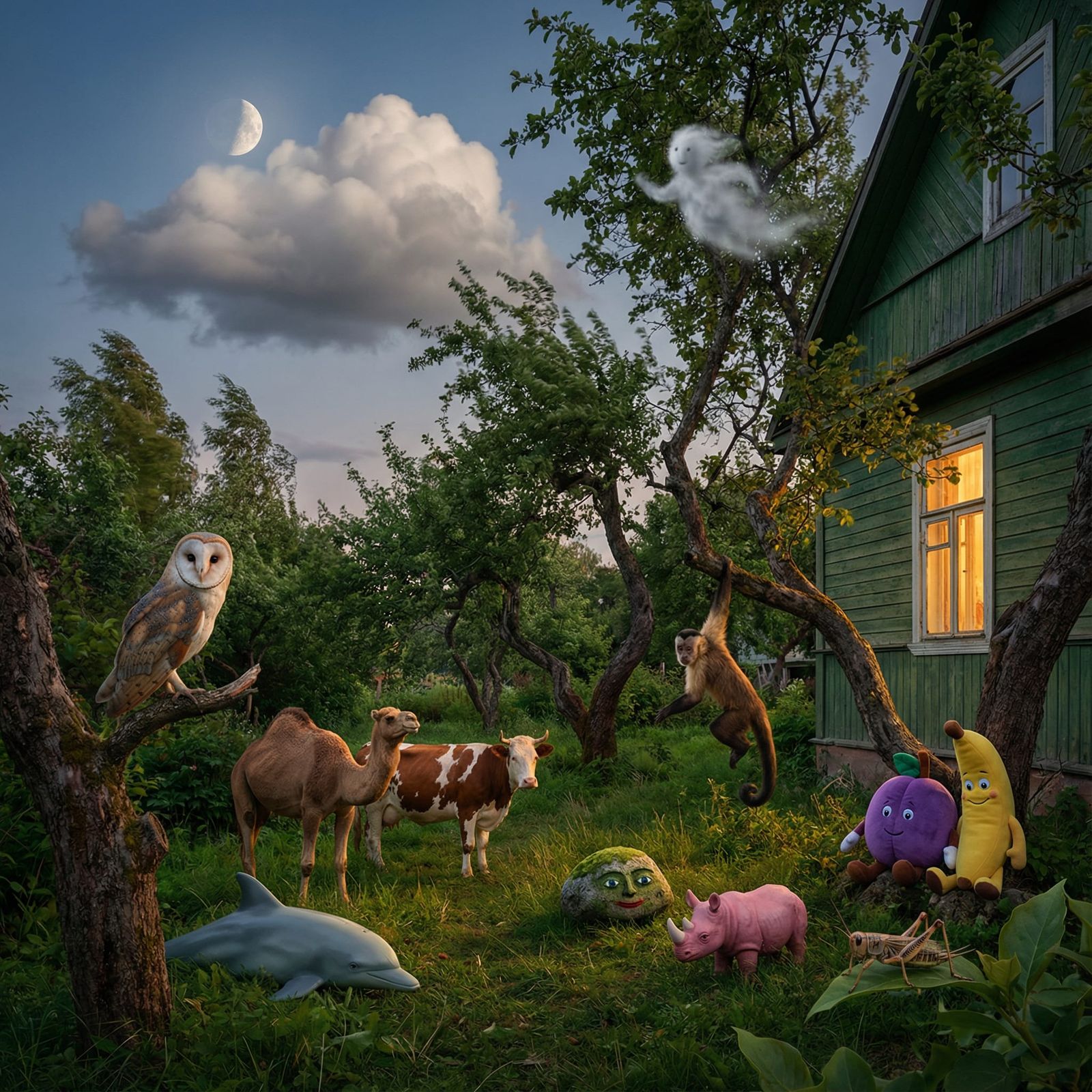 Animals Gather in a Moonlit Grove at Dusk