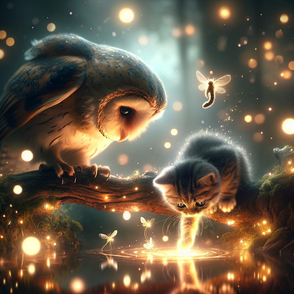 Owl and Kitten in Magical Forest Scene