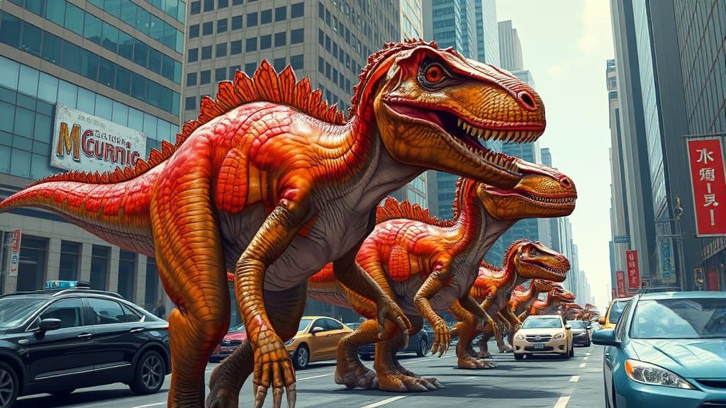 Dinosaurs Roam a Modern City Street