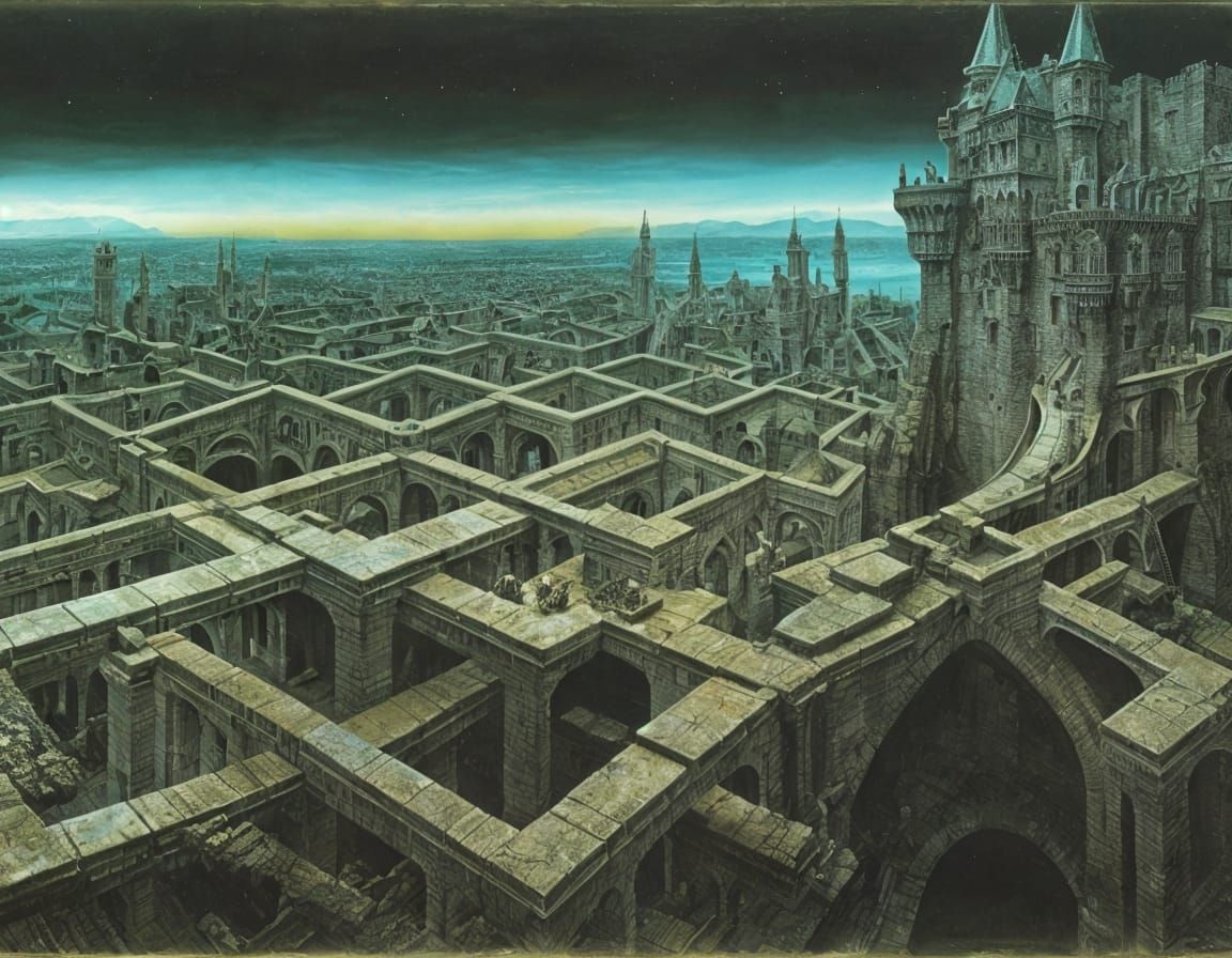 Surreal Castle with Drawbridges: Dreamlike Landscape