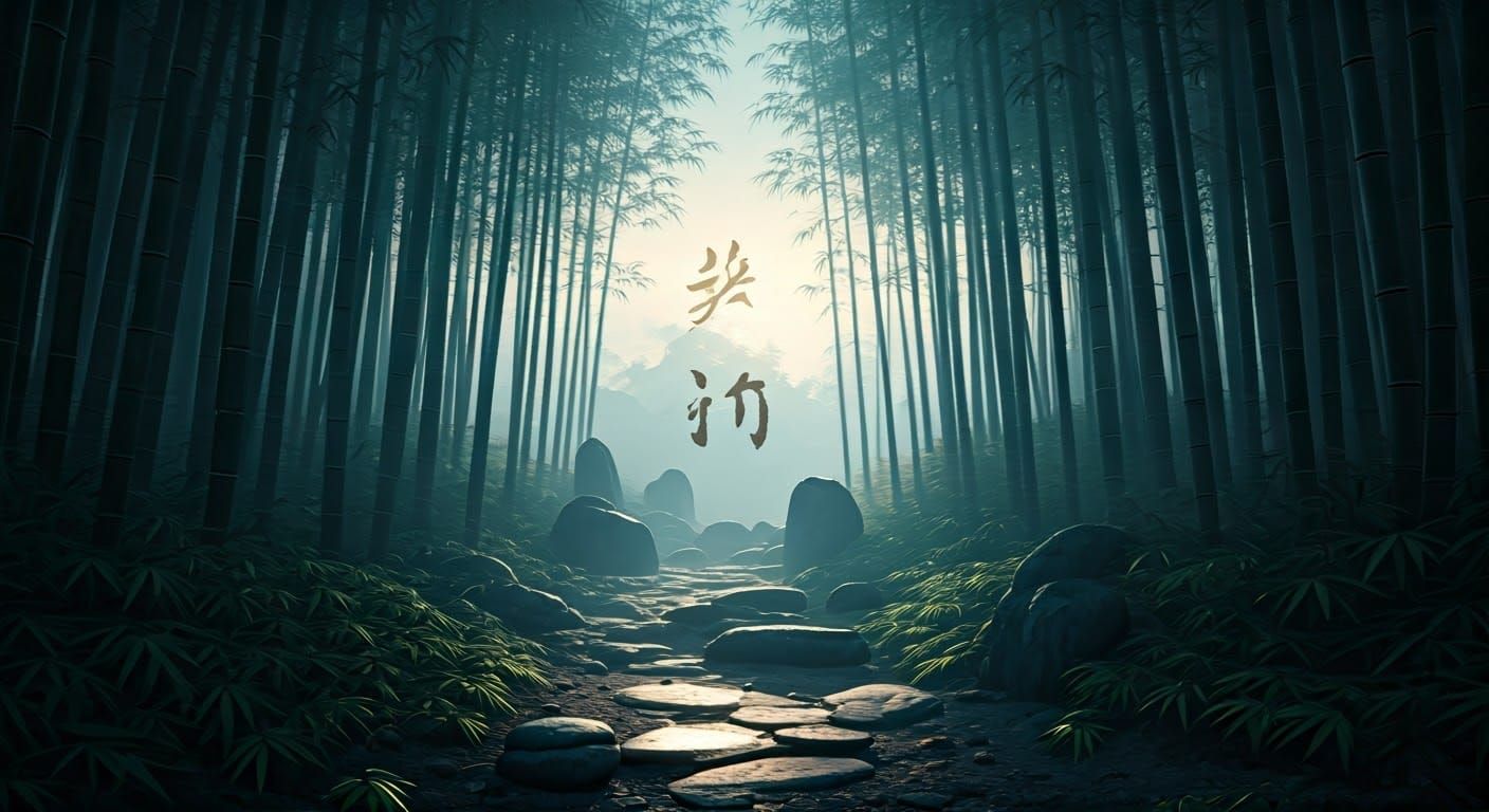 Serene Bamboo Forest at Dawn: Japanese Ink Wash Painting